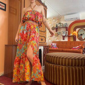 100% silk floral pattern pom pom strapless off the shoulder summer dress!